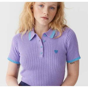 Lazy Oaf Purple Blue Ribbed Tiny Heart Collared Top Sz. 12UK/8US